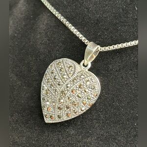 Vintage Sterling Silver Marcasite Heart Locket Pendant